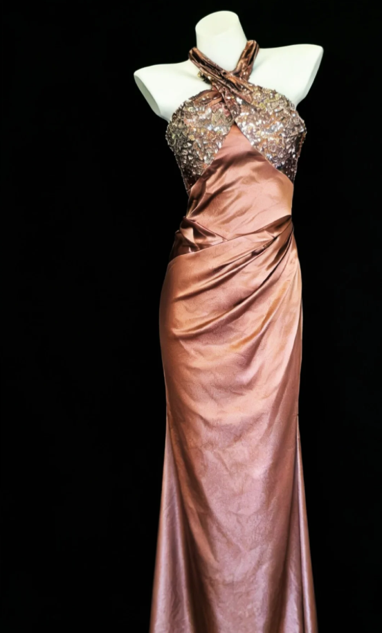 Fashion Halter Satin Sequin Mermaid Long Party Dress Backless Evening Dress