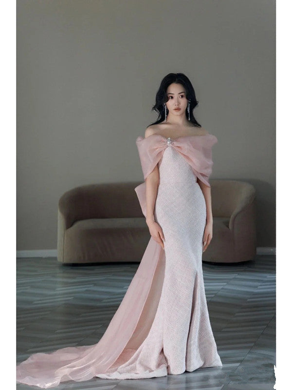 Pretty Mermaid Strapless Pink Sequin Long Evening Dress Prom Dresses With Bow