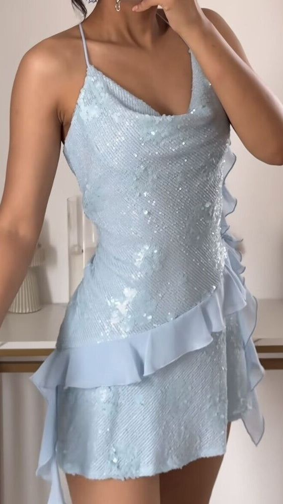 Cute Blue Halter Sequin Chiffon Ruffles Short Birthday Outfits Formal 8th Grade Homecoming Dress