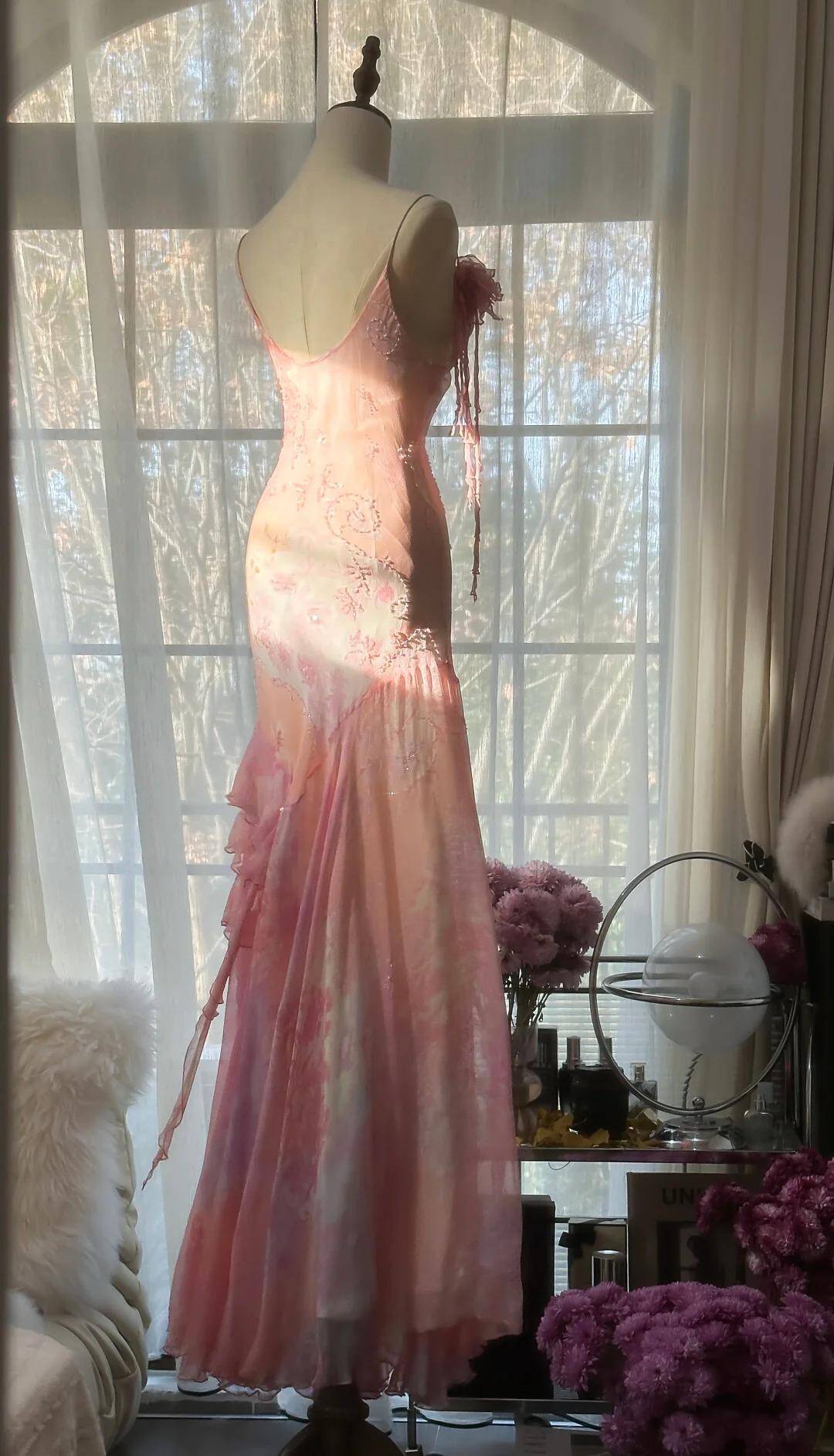 Classy Pink Spaghetti Straps Chiffon Beaded evening Dress Long Mermaid Birthday Party Dress