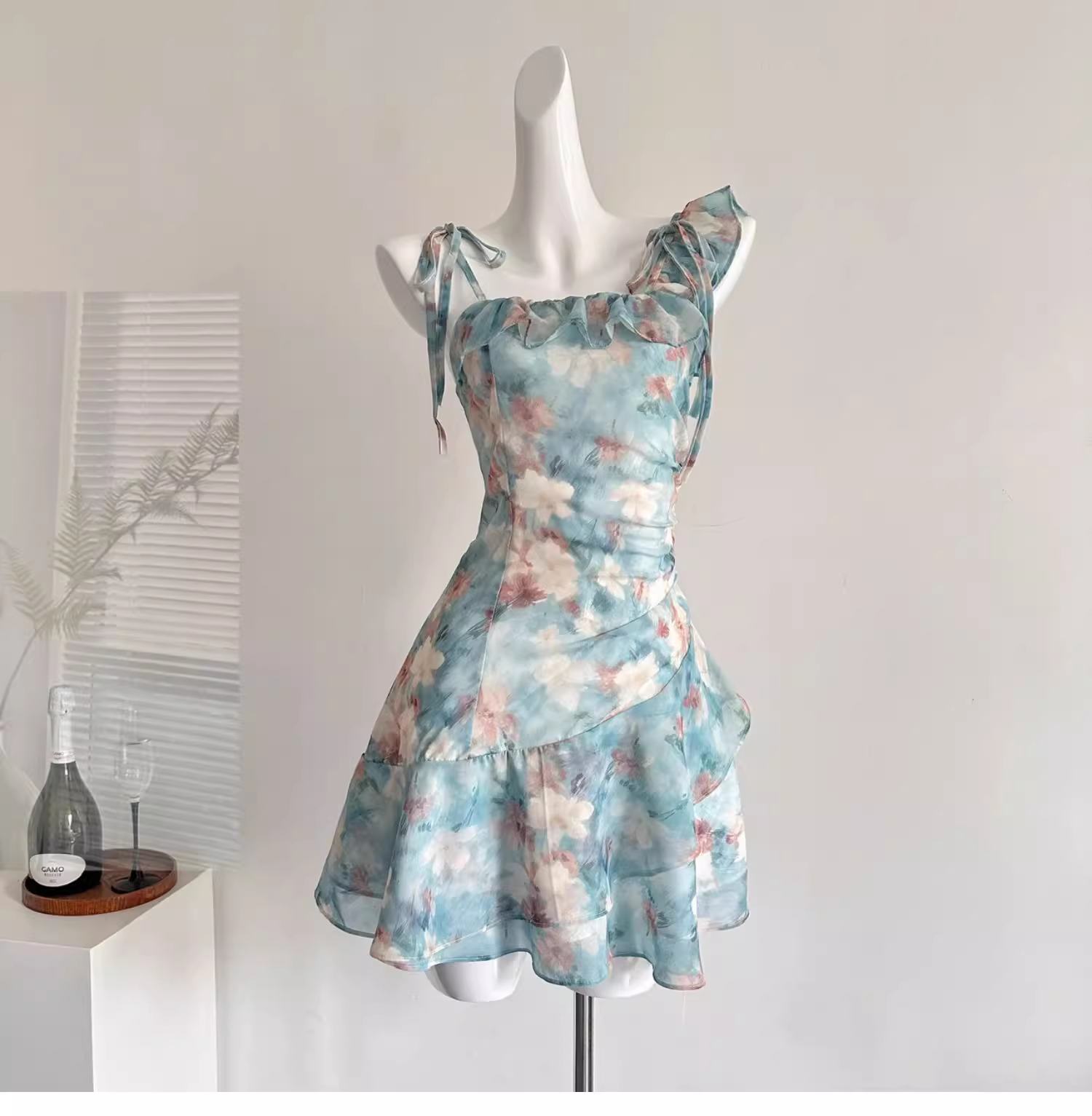 Spaghetti Straps Irregular Ruffles Short Holiday Dress