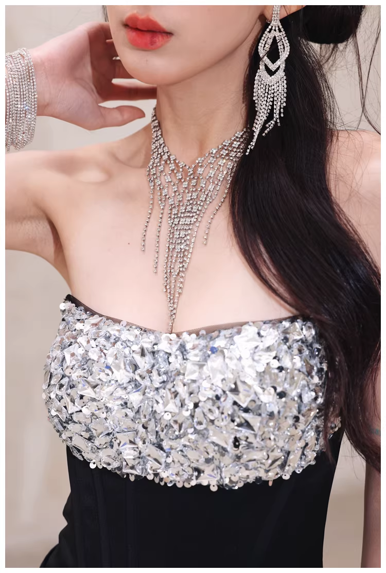 Fashion Black Strapless Satin Sequin Beaded Mermaid Evening Dress Long Wedding Guest Dress
