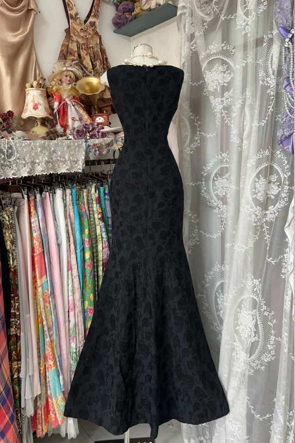 Classy Black Sleeveless Satin Print Floral Mermaid Evening Dress Long Prom Dresses