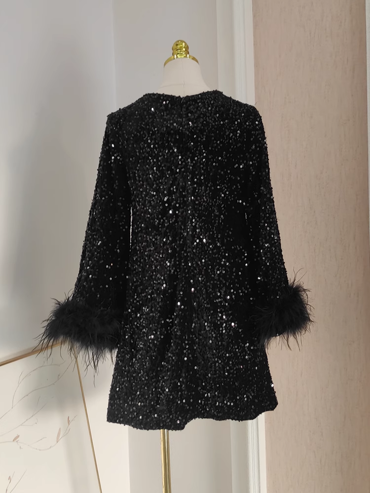 Cute A line Scoop Black Travel Vacation Dresses Short Sequin Birthday Dress