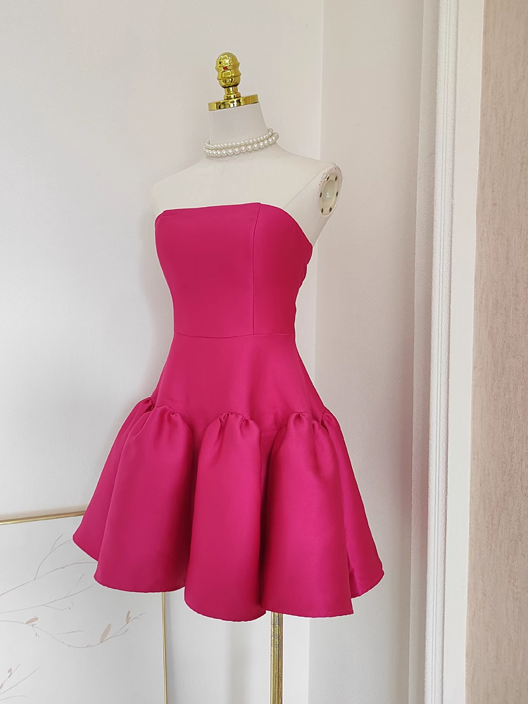 Cheap A line Strapless Hot Pink Satin Short Homecoming Dresses Birthday Outfits