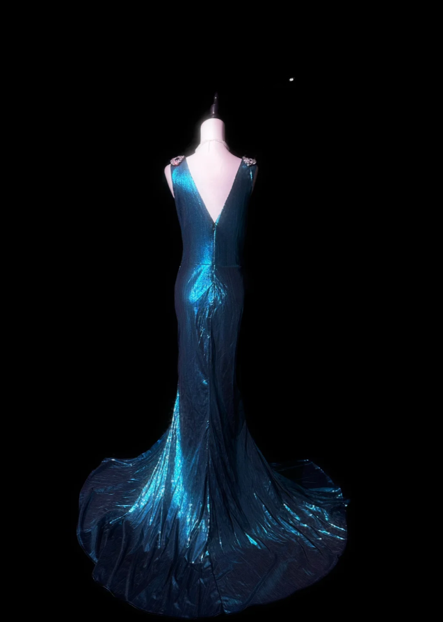 Charming V Neck Blue Satin Beaded Mermaid Evening Dress Long Party Dress