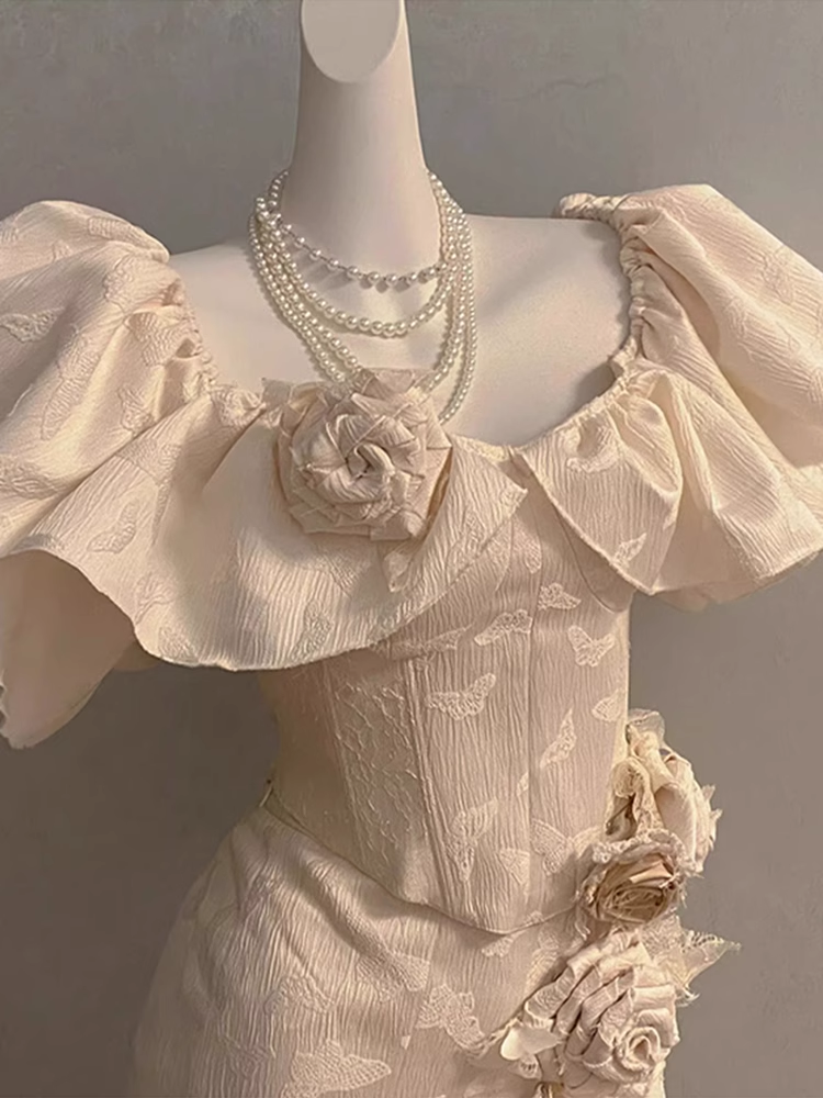Chic Sheath Square Neckline Floral ivory Long Party Dresses Birthday Outfits With Cap Sleeves