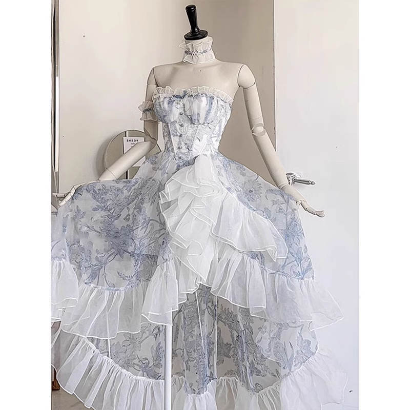 Vintage High Low Strapless Floor Length Light Blue Flowers Prom Dresses Birthday Dress