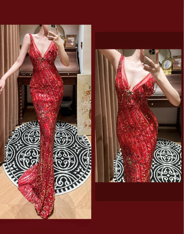Charming Red V Neck Sequin Beaded Mermaid Long Party Dress Evening Dress