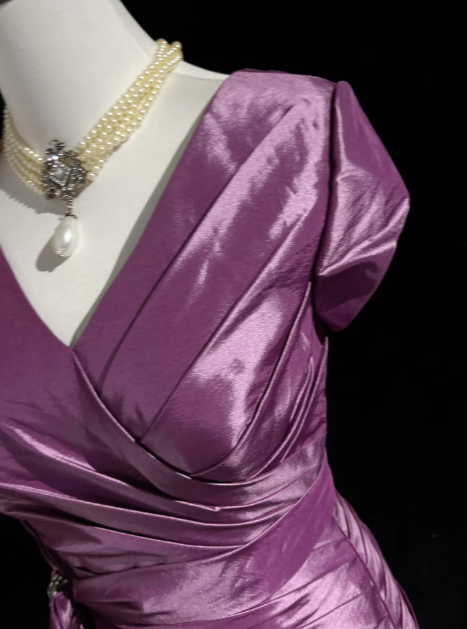 Elegant Purple V Neck Satin Pleated Mermaid Long Evening Dress Birthday Prom Dresses