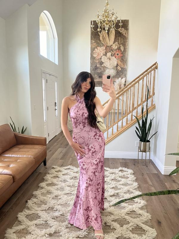 Elegant Pink Halter Satin Print Floral Long Evening Dress Party Gown