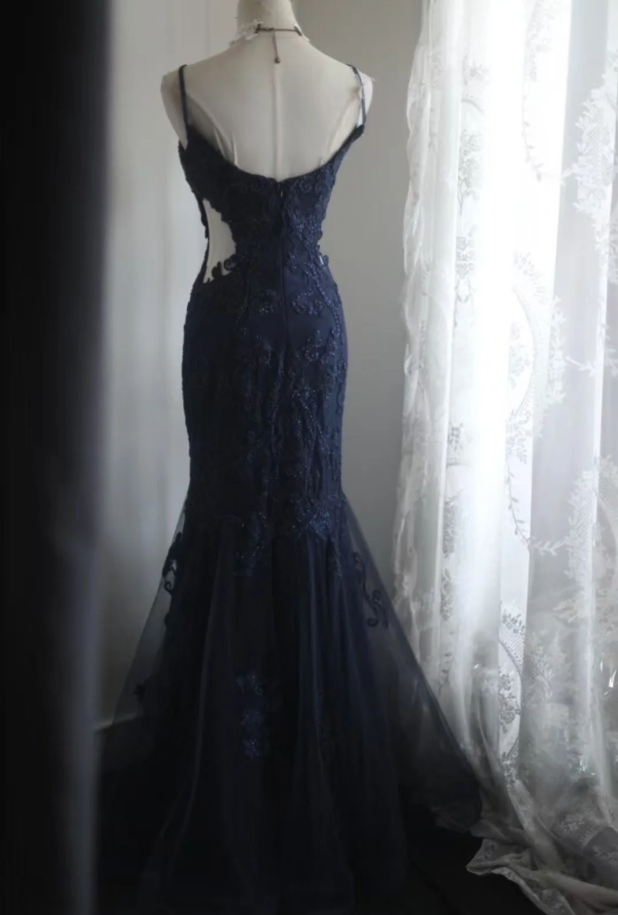 Elegant Spaghetti Straps Navy Blue Tulle Lace Appliques Mermaid Evening Dress Birthday Outfits