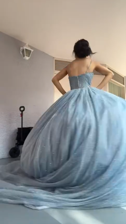 Shiny Spaghetti Straps Blue Tulle Sequin Beaded Formal Quinceanera Dress Sweet 16 Dress