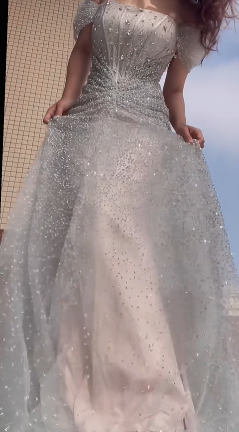 Sparkly Silver Tulle Sequin Beaded Mermaid Long Evening Dress Off The Shoulder Birthday Party Dress