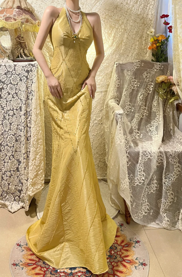 Unique Yellow Halter V Neck Satin Beaded Mermaid Long Party Dress Evening Dress