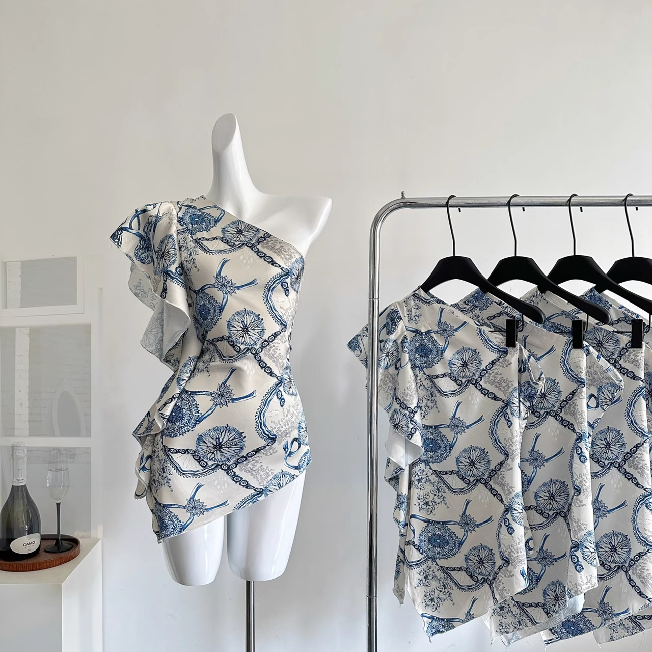 Off-shoulder Irregular Satin Print Hot Girl Sexy Mini Dress