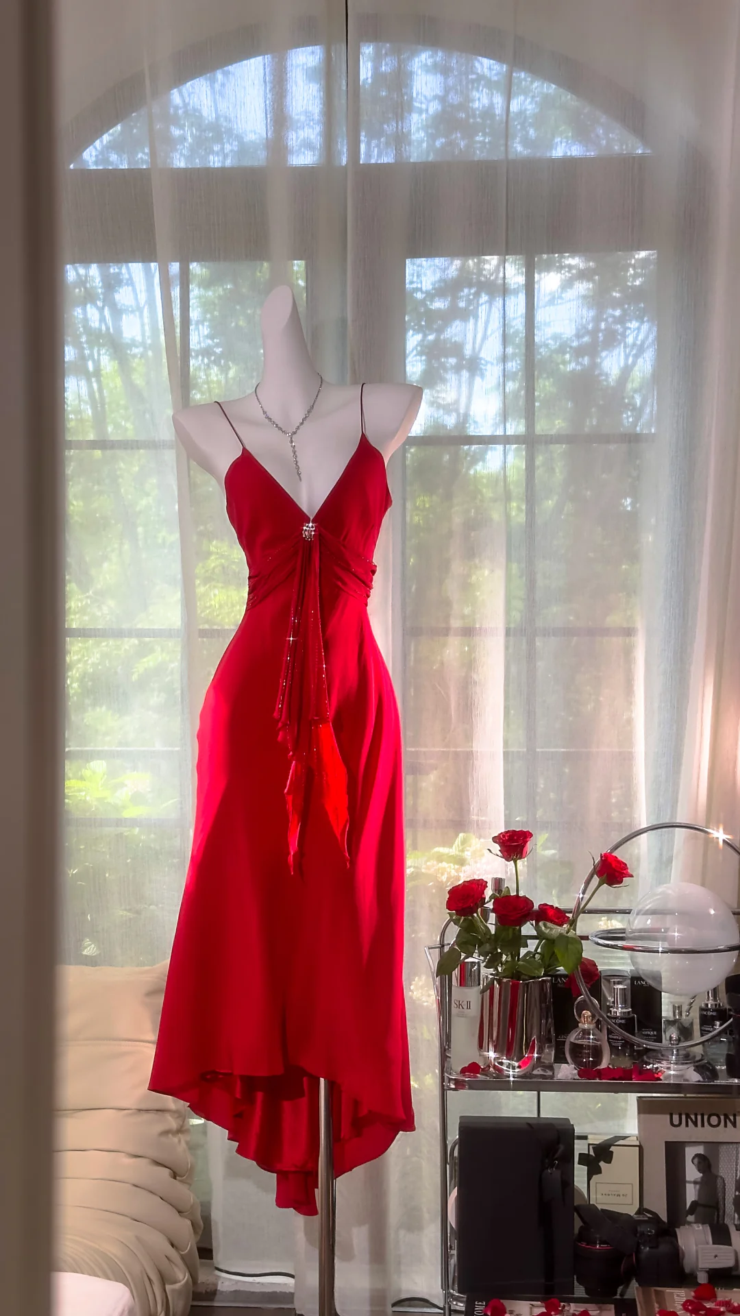 Pretty V Neck Red Birthday Party Dress Spaghetti Straps Mermaid Evening Dress