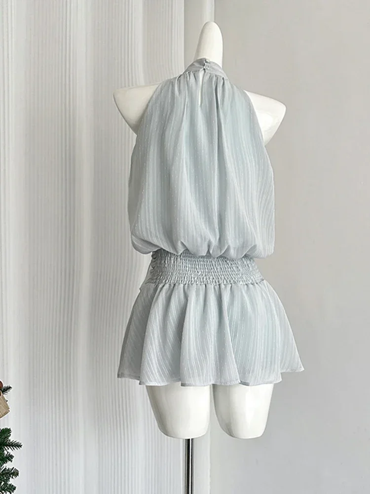 Blue Mini Sleeveless Chiffon Dress Women Frock Vacation Dress