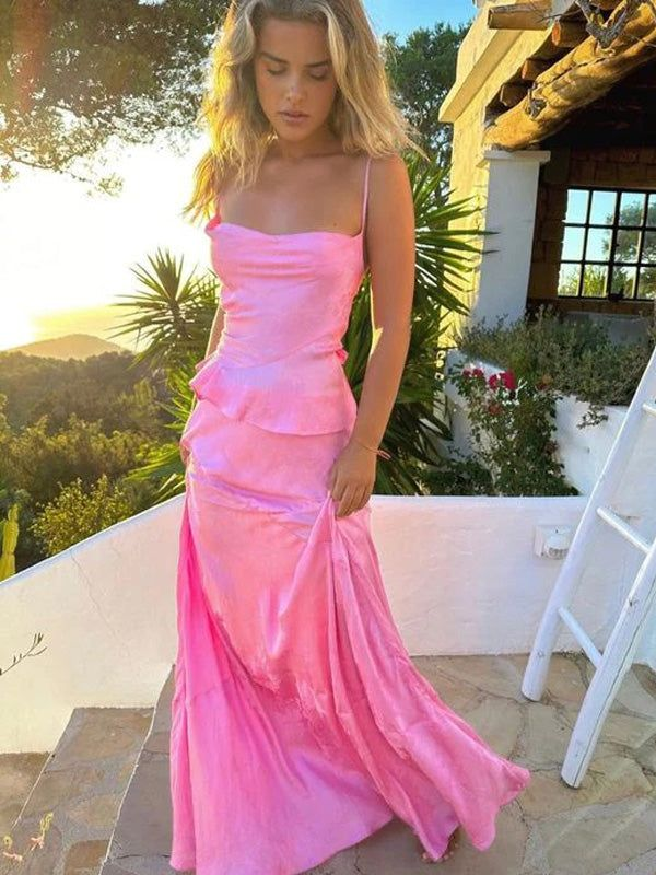 Charming Spaghetti Straps Pink Long Prom Dress Mermaid Evening Dress