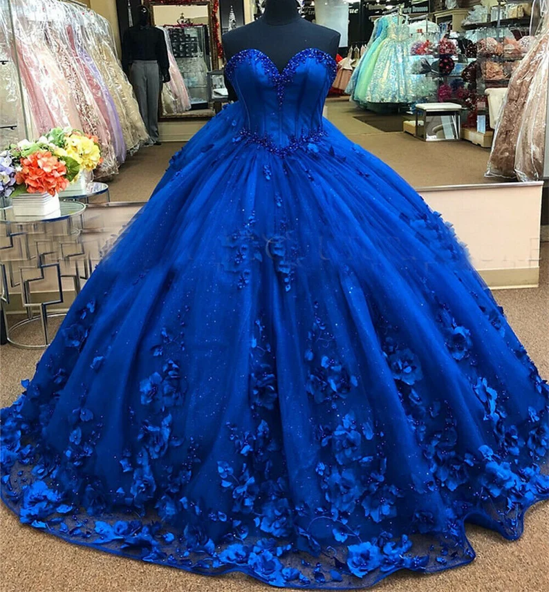 Royal Blue Princess Dress, Royal Blue Quinceanera Dress With Flowers Stunning Ball Gown