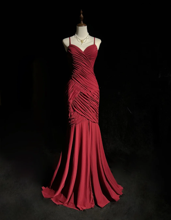 Classy Spaghetti Straps Burgundy Satin Pleated Mermaid Long Party Evening Dress