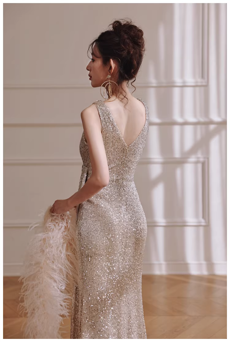 Glitter V Neck Silver Sequin Slit Mermaid Long Evening Dress Birthday Dress