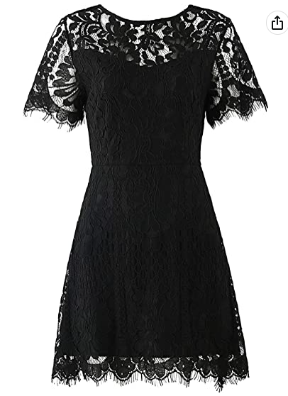 Women's Elegant Round Neck V-Back Wedding Guest Floral Lace Cocktail Party A Line Dress Black Party Dress