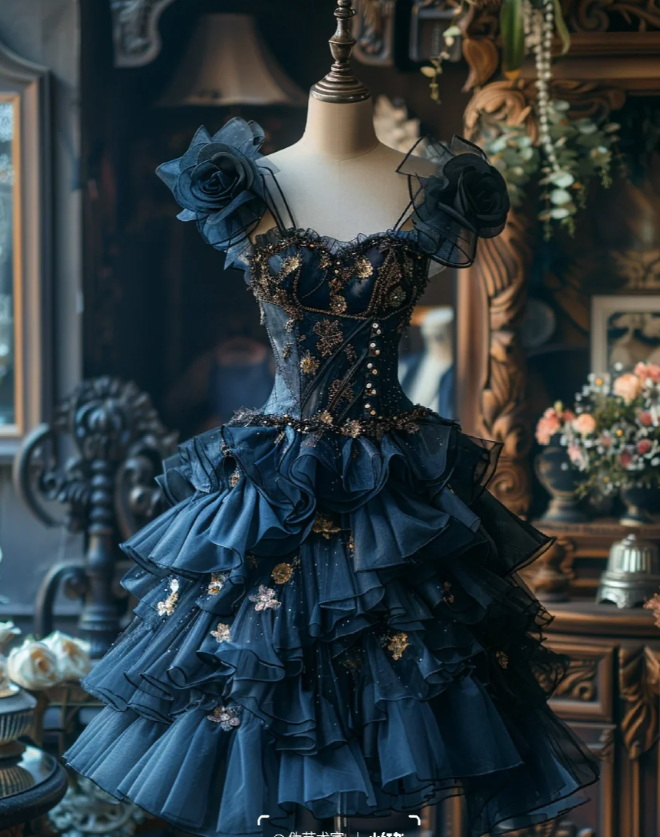 Vintage Sweetheart Neck Tulle Sequin Layered Navy Blue Formal Graduation Homecoming Dress Short Prom Dress