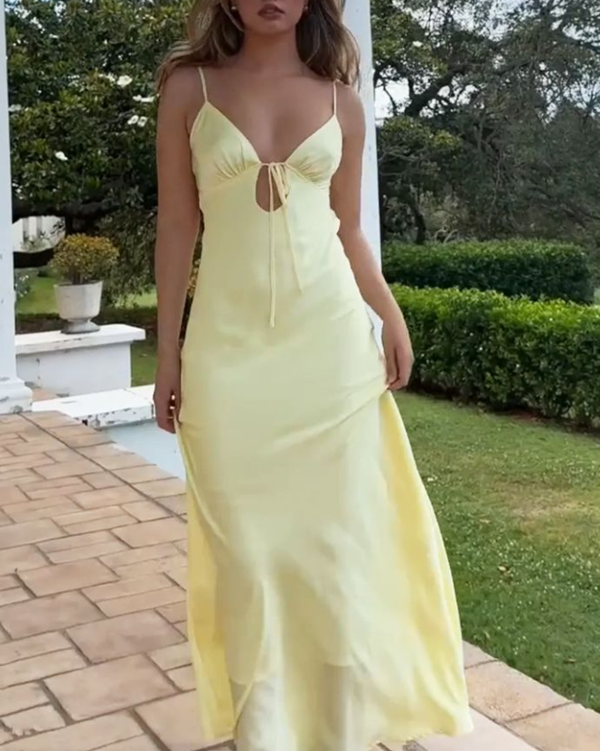 Elegant Yellow Backless Satin Party Dress V Neck Prom Evening Gown