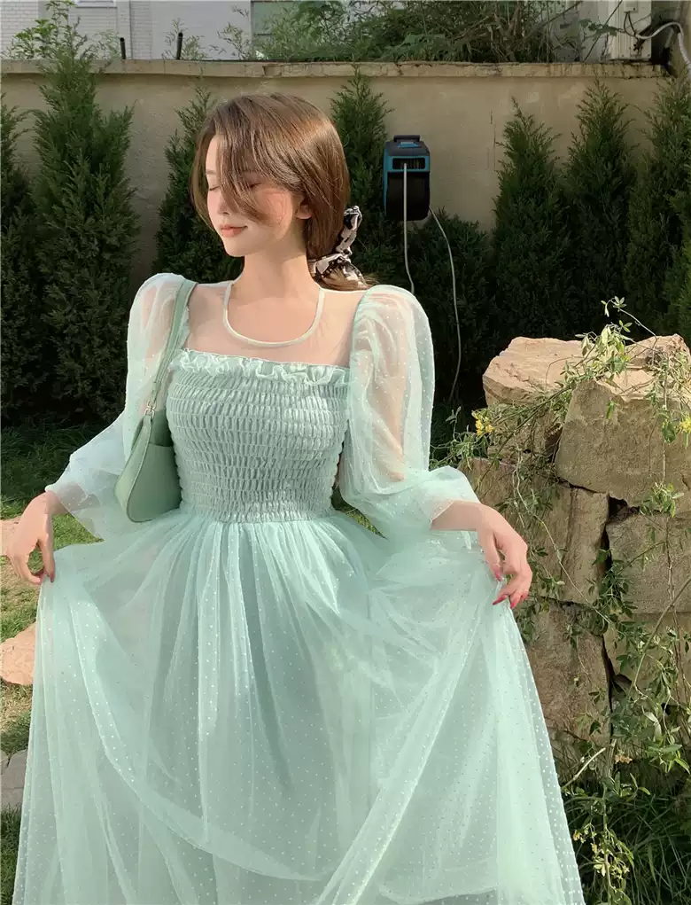Light green skirt hollow French super fairy puff sleeve polka dot mesh dress sexy party dress