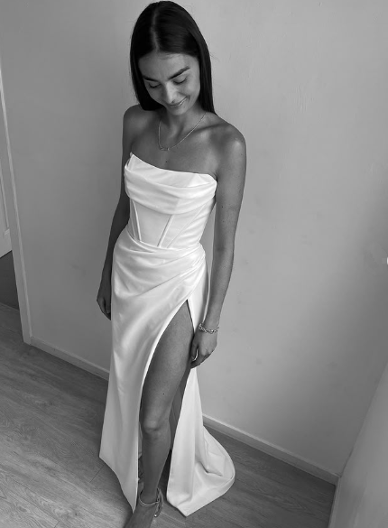 Elegant Strapless Satin Mermaid Slit Evening Dress,White Prom Party Dress