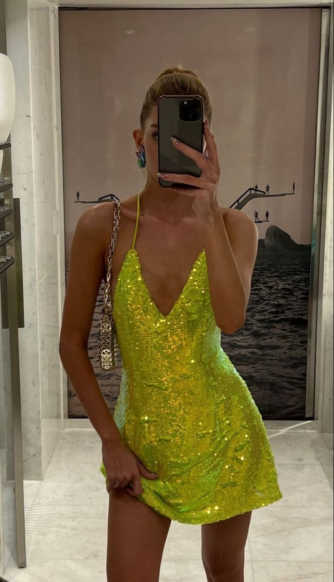 Unique Lemon Green V Neck Sequin Short Party Dress Formal Graduation Homecoming Dress