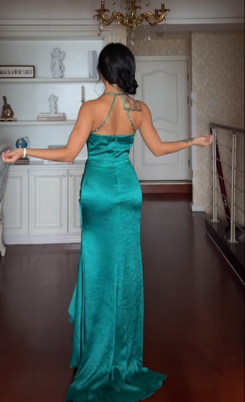Classy Halter Green Satin Beaded Mermaid Evening Dress Formal Birthday Party Dress