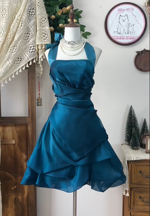 Unique Peacock Blue Halter Pleated A Line Homecoming Dress Mini Cocktail Dress