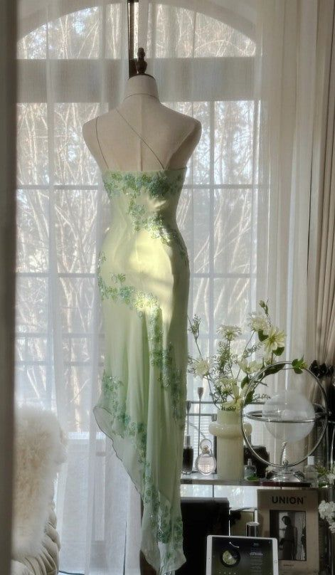 Glamorous Light green Chiffon Beaded Mermaid Evening Dress,One Shoulder Party Prom Dress