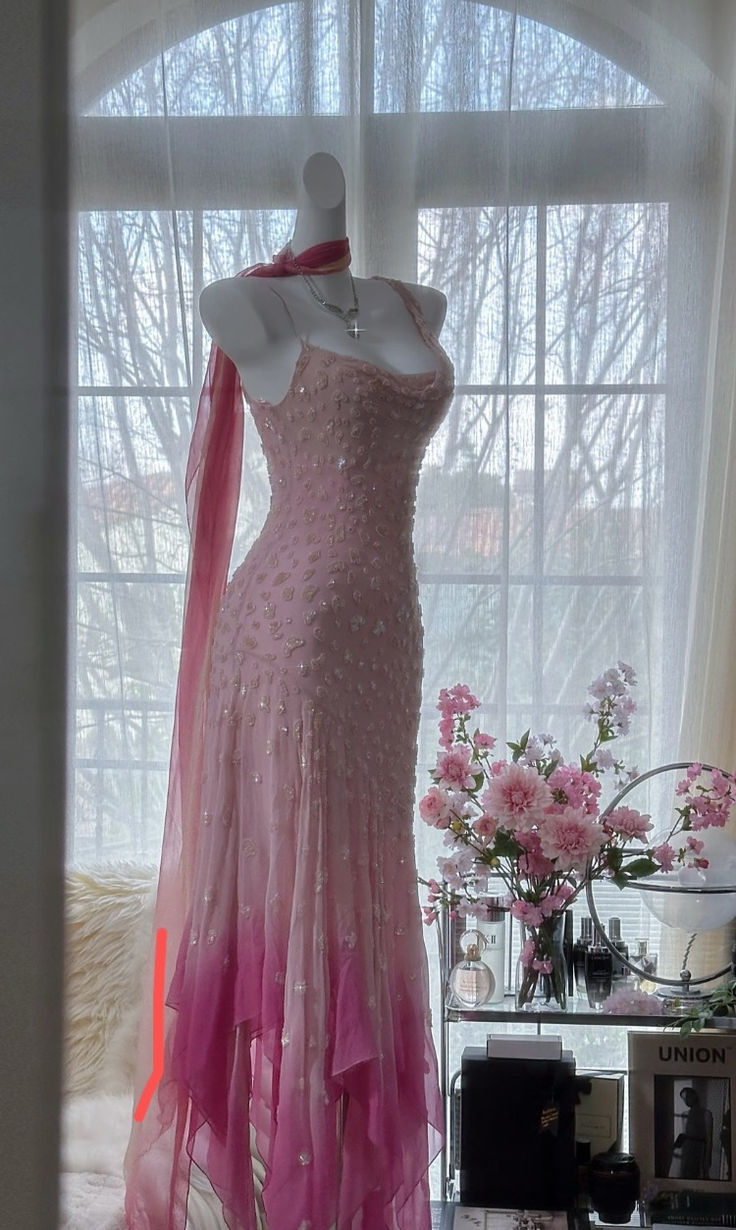 Luxury Pink Spaghetti Straps Chiffon Beaded Mermaid Evening Dress Prom Gown