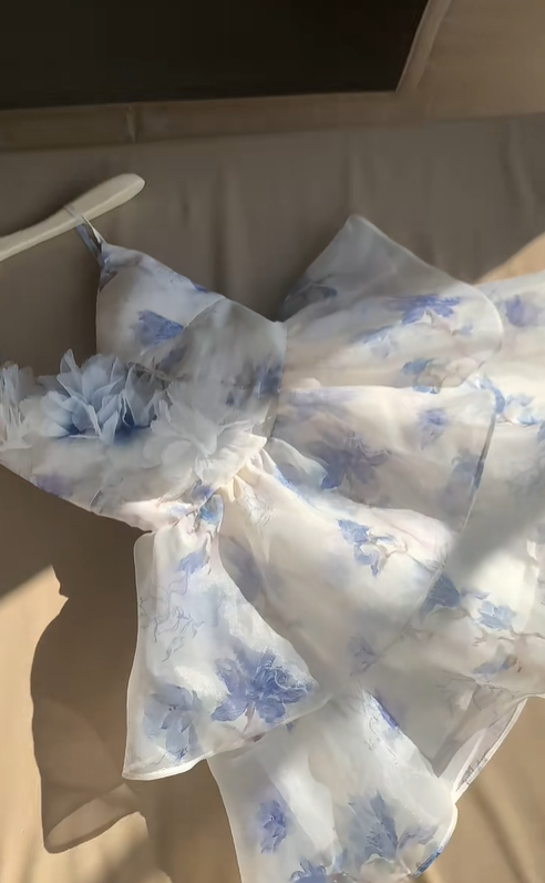 Beautiful Blue Chiffon Print Floral Short Holiday Dress Spaghetti Straps A Line Homecoming Dress