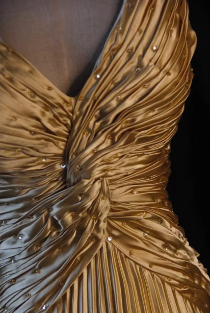Gorgeous Gold Satin Pleated Party Prom Dress,Formal Evening Gown With Beaded