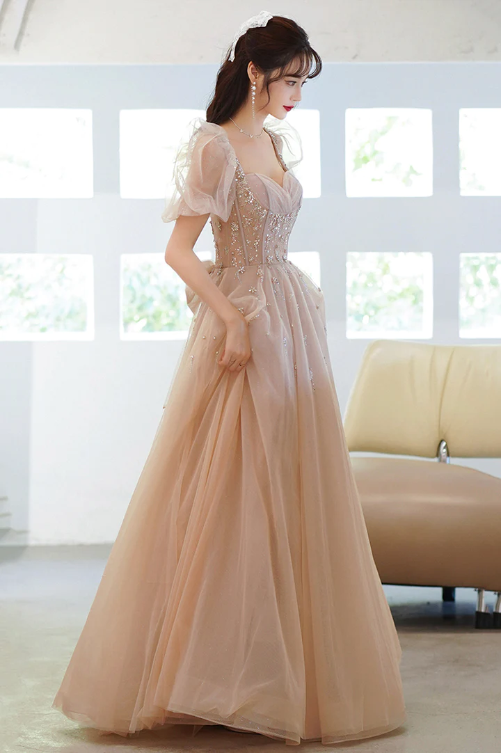 Cute tulle beads long prom dress A line evening gown