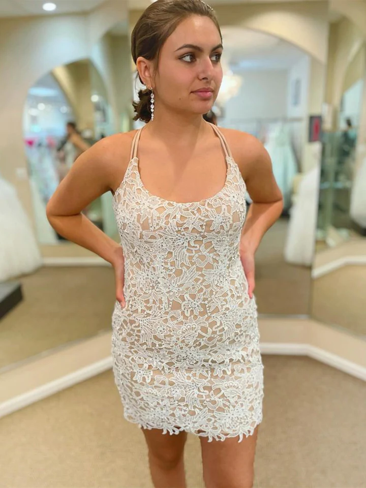 Champagne Lace Homecoming Dresses, Short Champagne Formal Graduation Evening Dresses