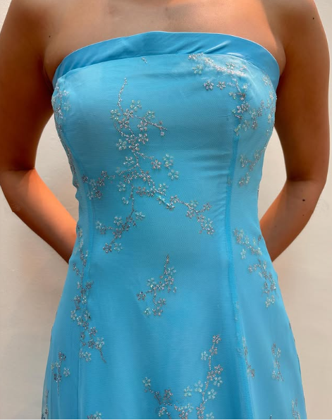 Chic Strapless Blue A Line Tulle Sequins Party Dress,Formal Prom Evening Dress