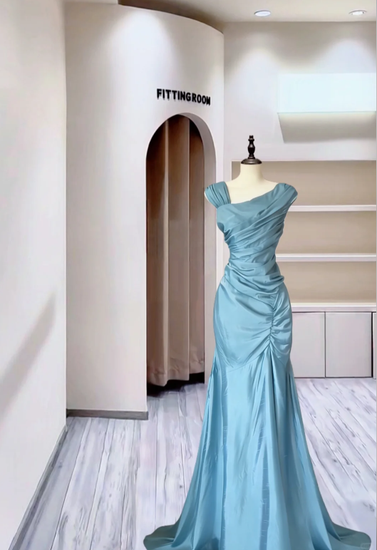 Classy Navy Blue Satin Pleated Mermaid Evening Dress Long Wedding Guest Dress