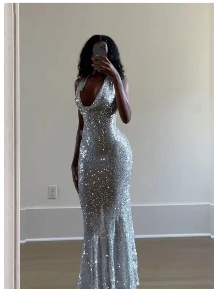 Glitter Halter Silver Sequin Mermaid Long Wedding Guest Dress Formal Evening Dress