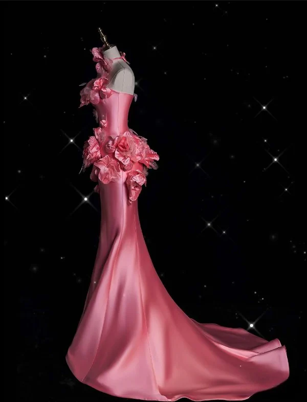 Elegant Pink Satin 3D Flowers Mermaid Evening Dress,Long Party Prom Dress
