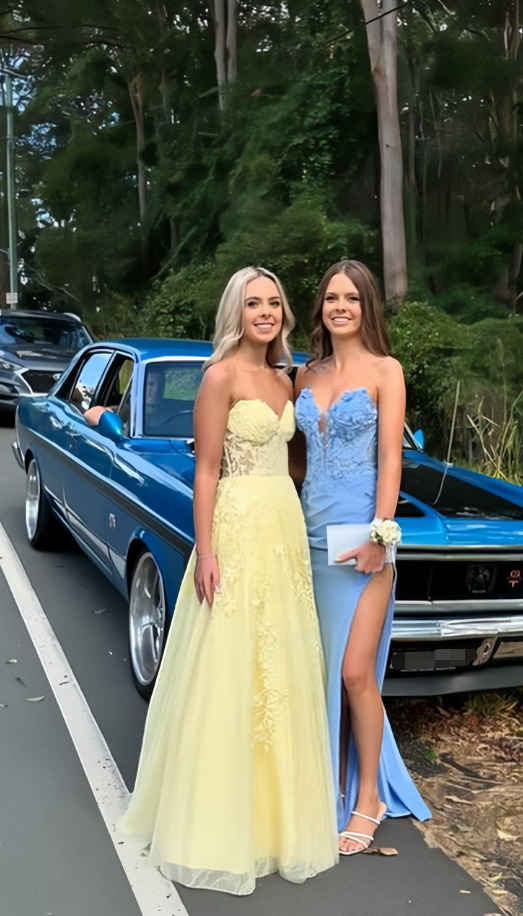Sweet Yellow Strapless Tulle Appliques Evening Dress A Line Party Prom Dress