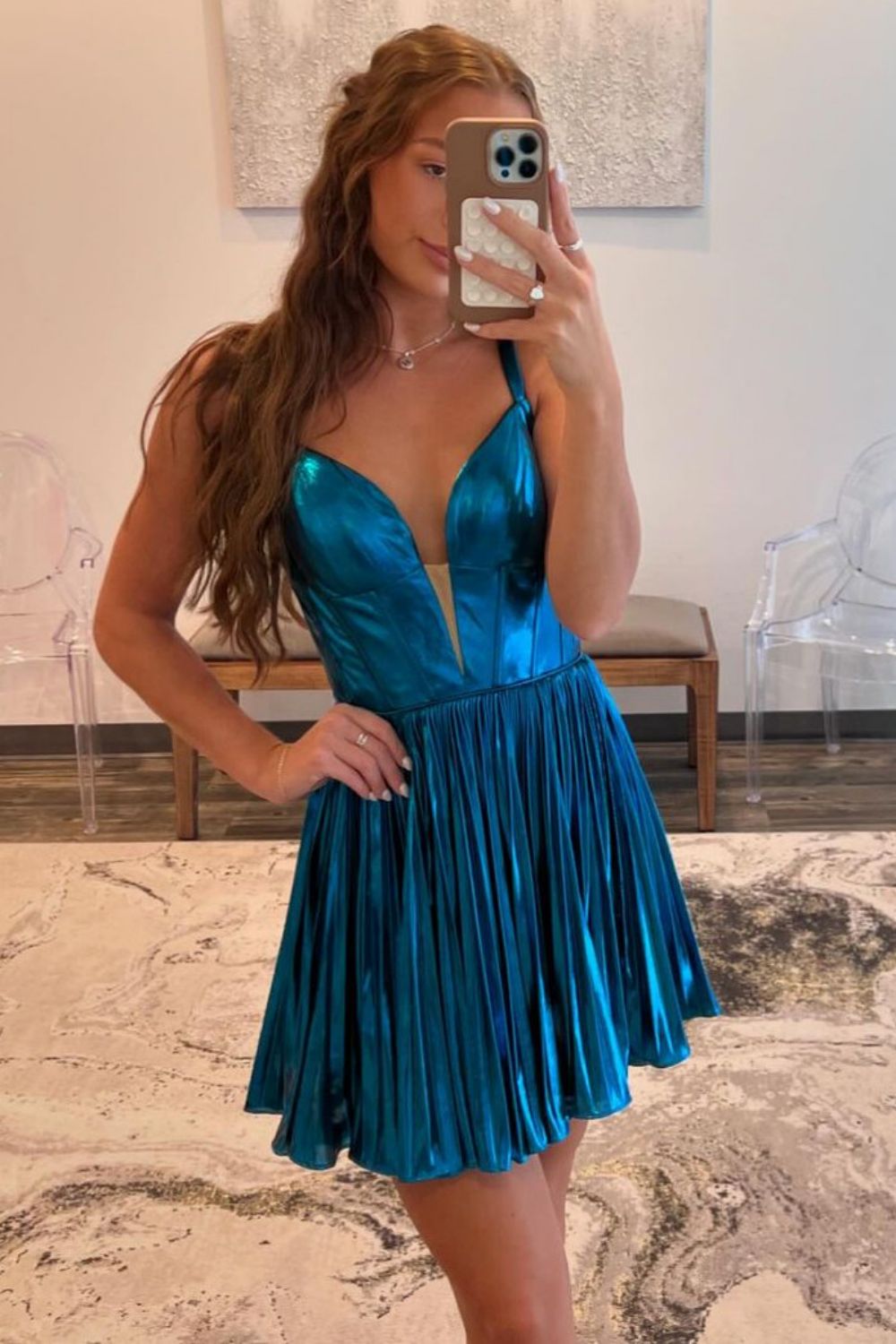 Dark Blue A-Line Straps Open Back Short Metallic Homecoming Dress