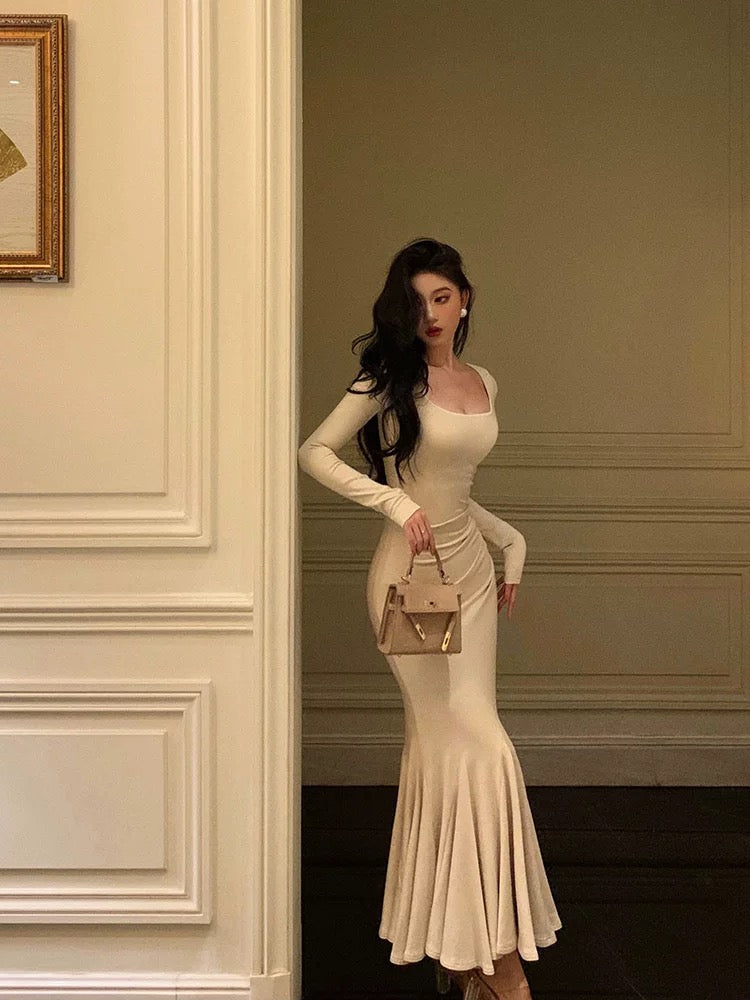 Chic Mermaid Square Neckline Long Sleeves White Long Prom Dresses Birthday Dress