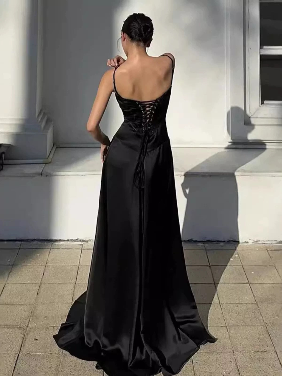 Pretty A line Spaghetti Straps Pink Satin Long Party Dresses Prom Dresses