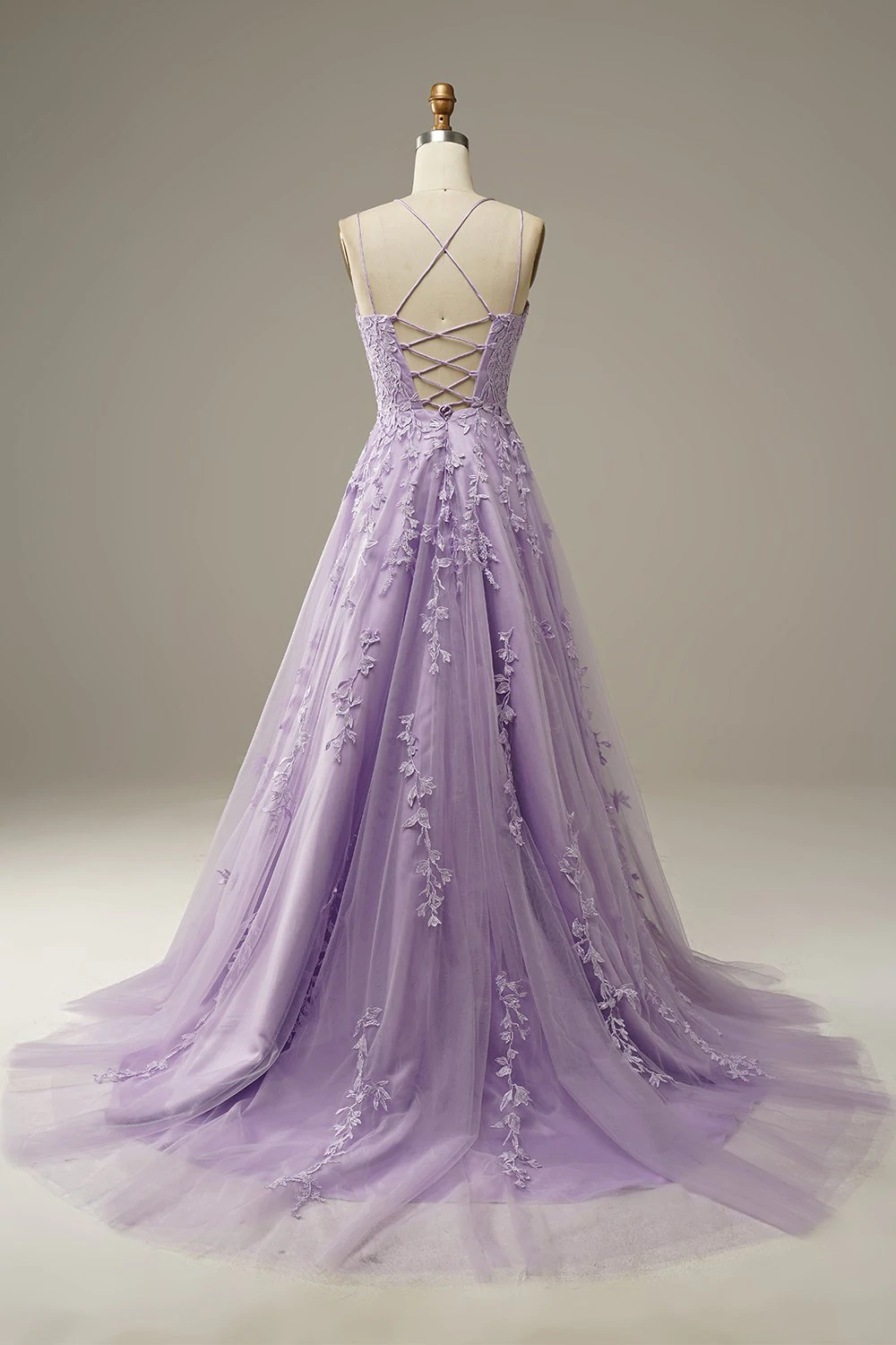 Purple tulle lace long prom dress formal dress