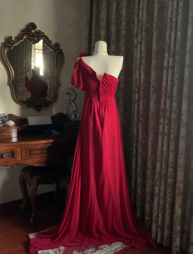 Elegant One Shoulder Red Chiffon Long Wedding Guest Dress Formal Birthday Prom Dress Evening Dress With Flowers